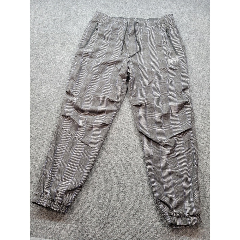 American Eagle Mens Gray Blue Plaid Nylon Jogger Pants L Drawstring Mesh Lined